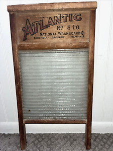 Vintage Atlantic National Washboard Victory Glass Wood No 510 Primitive Decor