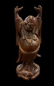 Vintage Hand Wood 6 Happy Laughing Arms Raised Lucky Buddha Figure