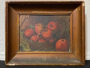  Rare Antique Old American Folk Art Apples Still Life Oil Painting Prentice