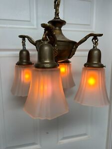 Vintage Pan Style Hanging Metal Antique 4 Light Fixture No Shades