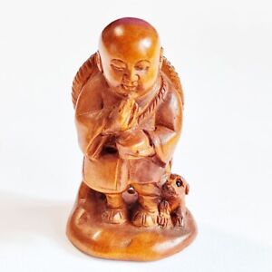 Y8708 2 Hand Carved Boxwood Netsuke Figurine Little Monk With Dog Lovely