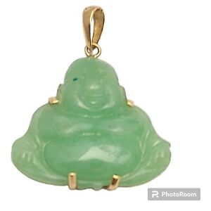 Happy Carving Laughing Buddha Jadeite Jade 14k Yellow Gold Pendant