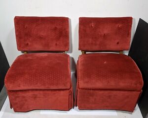 Vintage Pair Of Red Velvet Lounge Vanity Low Slipper Chairs Mid Century Modern