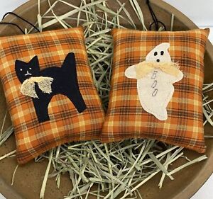 Primitive Handcrafted Halloween 2pc Pillow Bowl Filler Plaid Cat And Ghost