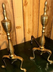 Vintage Cast Iron Brass Metal Fireplace Andirons Fire Dogs Mcm