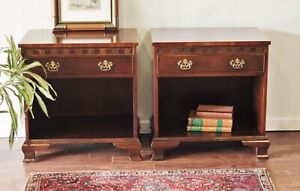 Pair Baker Furniture Mahogany Nightstands Chippendale 1 Drawer Baker End Tables