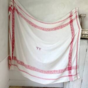 Vintage Tablecloth French 1930s Vf Monogram Damask Table Cloth Linen Faded Red