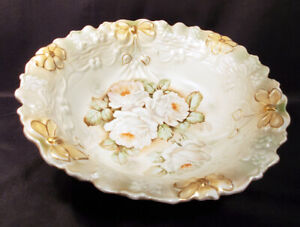 Antique German Bowl With White Roses And Luster Satin Finish 10 5 In