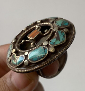 Rare Ancient Victorian Silver Color Ring Amazing With Natural Turquoise Stones