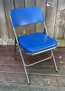 Vtg Blue Samsonite Folding Chair Retro 7343 Thick Padded Seat Chrome Frame