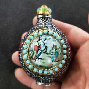 Antique Copper Tibetan Style Snuff Bottle With Turquoise Collectible Artwork