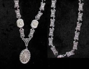 1920 3 Camphor Glass Necklace Rhodium Lavalier19 Edwardian Filigree Links Extend