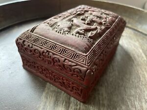 Antique Chinese Red Cinnabar Lacquer Carved Box Robed Figures Pines Scholar Art