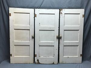 Antique Set 3 Shabby White 3 Panel Cabinet Cupboard Doors Vtg 18x42 Old 526 24b
