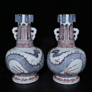 12 6 China Old Dynasty Porcelain Hongwu Mark Pair Blue White Cloud Dragon Vase