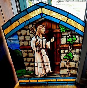 Antique Stained Glass Church Window Handpainted Kiln Fired 1940s Jesus Christ