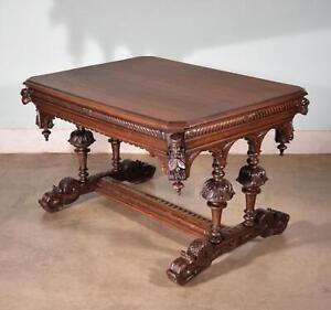 French Antique Renaissance Revival Library Dolphin Table Desk In Oak With Faces