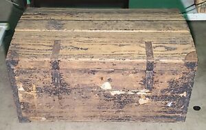 Early 20th Century Antique Metal Band Antique Pine Wood Trunk Chest Prop Decor