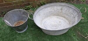 Vintage Galvanised Tin Bath Bucket Washing Tub Rustic Garden Planter Trough