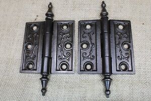 2 Old Door Hinges 3 X 3 Antique Large Steeple Top Vintage Clean Cast Iron Heart