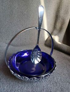 Vintage Cobalt Blue Glass Jelly Jam Compote Chrome Holder Handle With Spoon 