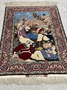 Fine Vintage Pictorial Wool Silk Rug Signed Isfahaan Isfahane Seirafian Level