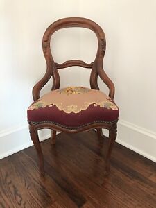 Victorian Rococo Antique Balloon Back Chair Mauve Botanical Needlepoint Seat