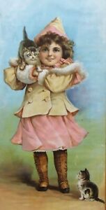Antique Late 19th Century Original Lithograph Girl With Kittens The Favourite