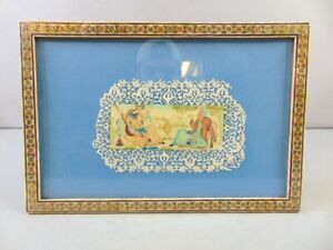 Vintage Decorative Middle Eastern Hand Painted Art W Khatam Inlaid Frame