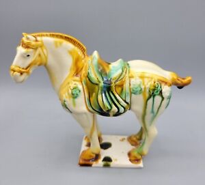 Mid Century Chinese War Horse Tang Dynasty Majolica Sancai Drip Glaze Horse