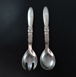 Georg Jensen Cactus Sterling Silver Handles Stainless Pair Small Salad Servers