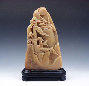Vintage Shou Shan Stone Hand Carved In Relief Pine Trees Figurines Temple Tower