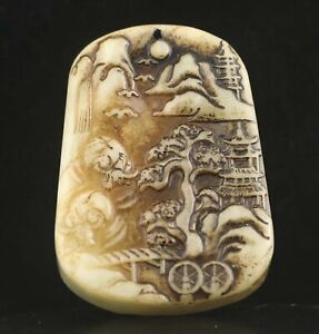 Old Natural Jade Hand Carved Statue Of Landscape Pendant 15