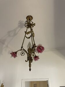 3 Light French Antique Chair Ish Chandelier With Pink Roses