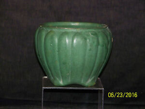 Antique Zanesville Cucumber Glaze Ribbed Vase Bowl Arts Crafts Mission Era