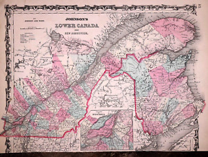 1863 Map Lower Canada Quebec Johnson Ward 14x18 1712