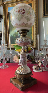 Antique Dresden Porcelain Banquet Oil Lamp Girl Flowers Sea Serpents 28 Beauty
