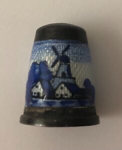 Vintage Sterling Silver Dutch Delft Hand Painted Enamel Windmill Sewing Thimble