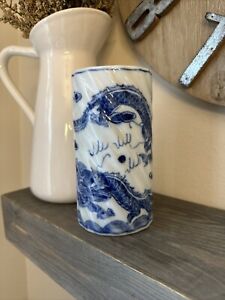 Chinese Blue White Porcelain Double Dragon Brush Pot Vase 6 1 4 