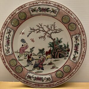 Hand Painted 10 5 Plate Children Playing Man Swatting Fly Cherry Blossom