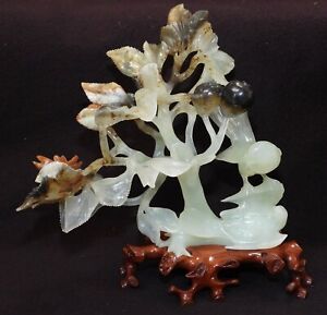 Vintage Chinese Large Jade Sculpture Birds In Pomegranate Tree Hand Carved