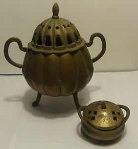 Antique Chinese Brass Tripod Incense Burn Burner With Insert