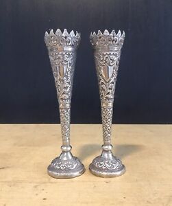 Vintage Indian Silver Vases Pair