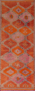 Tribal Geometric Oushak Turkish Runner Rug 3x10 Orange Wool Hand Knotted Carpet
