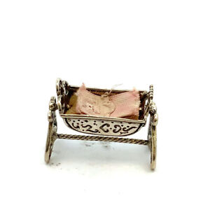 Vintage Silver Signed 800 Victorian Baby Cradle Crib Figure Display Miniature