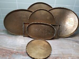 7 Antique Vintage Chinese Etched Brass Tray Different Shapes Size Some W Handles