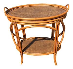 Bamboo And Rattan Wicker Oval Bar Cart With Removable Serving Tray