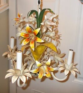 Vtg Italy Tole Painted Metal Hanging Light Fixture Floral Lily Flowers Garden