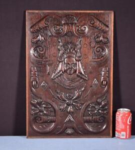  French Antique Deeply Carved Solid Oak Wood Panel With Figure In The Center