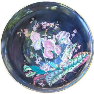 Chinese Famille Noire Floral Porcelain Enamel Bowl Black Cloisonn Noir Iris